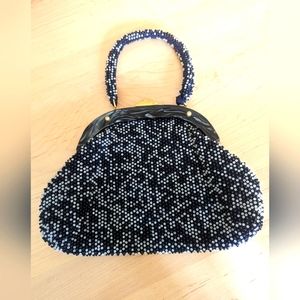 Vintage Beaded Style Craft Hand Bag, Purse, Navy Blue